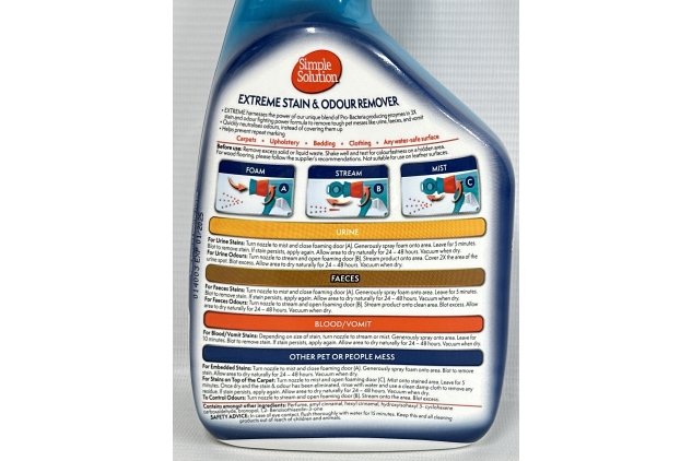 Simple Solution Extreme Pet Stain and Odour Remover, Enzymatic Cleaner with 3X Pro-Bacteria Cleaning Power - 945ml