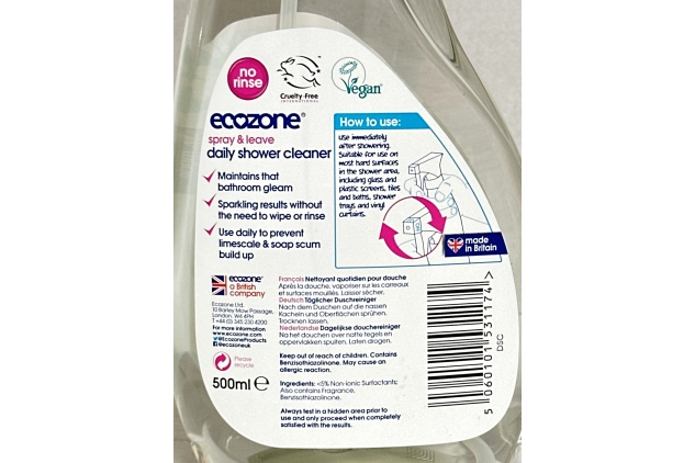 Ecozone Daily Shower Cleaner Spray, 500 ml, Shines and Protects, Helps Prevent Mould, Limescale, and Soap Scum Build Up