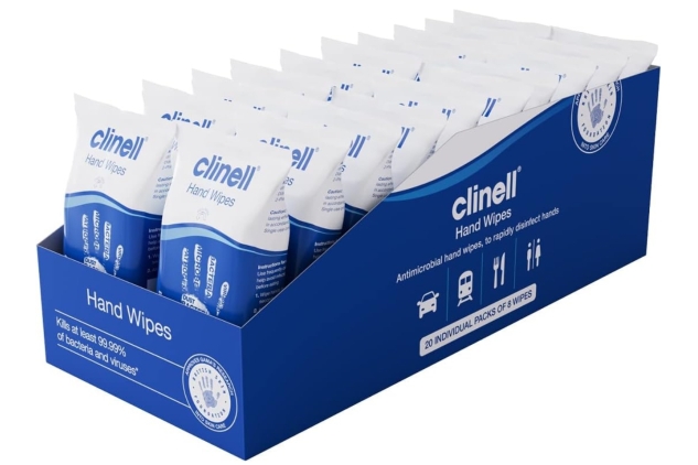 Clinell Antimicrobial Hand Wipes Ideal for Travel - 20 Packs of 8 Wipes