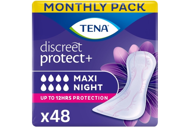 TENA Discreet Maxi Night Incontinence Pads for Heavy Bladder Weakness, 48 Incontinence Pads (6 x 8 Packs) for Women, Specifically Designed for Night Time Protection