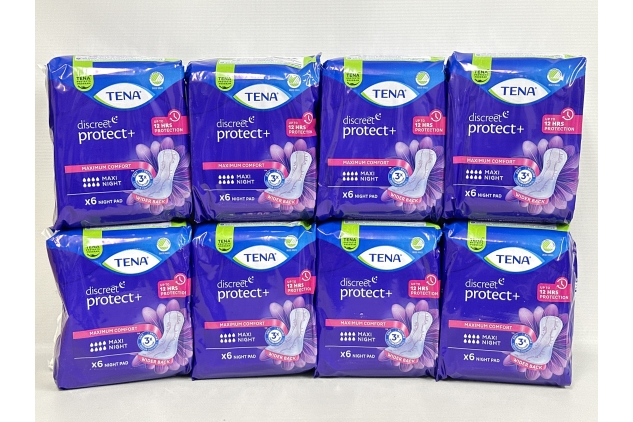 TENA Discreet Maxi Night Incontinence Pads for Heavy Bladder Weakness, 48 Incontinence Pads (6 x 8 Packs) for Women, Specifically Designed for Night Time Protection