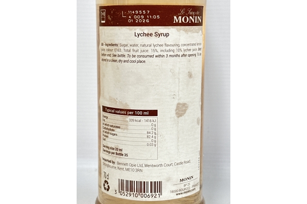 MONIN Premium Lychee Syrup 700ml for Cocktails and Mocktails. Vegan-Friendly, Allergen-Free, 100% Natural Flavours and Colourings. Perfect for Lychee Martinis | DAMAGED LABELLING