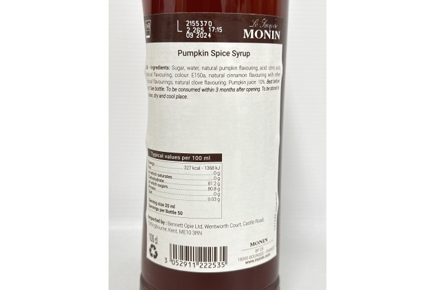 MONIN Premium Pumpkin Spice Syrup 1L for Coffees, Frappes and Cocktails Halloween Themed Drinks | BBE 30/09/2024