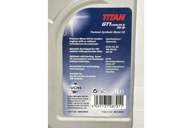 Fuchs Titan GT1 Longlife III Premium Synthetic Motor Oil 1 Litre 5W30 600718633